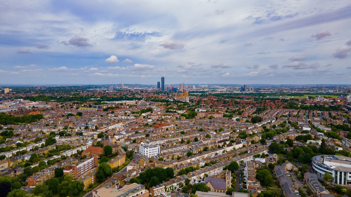 Aerial view of London with Wembley Arch on the horizon