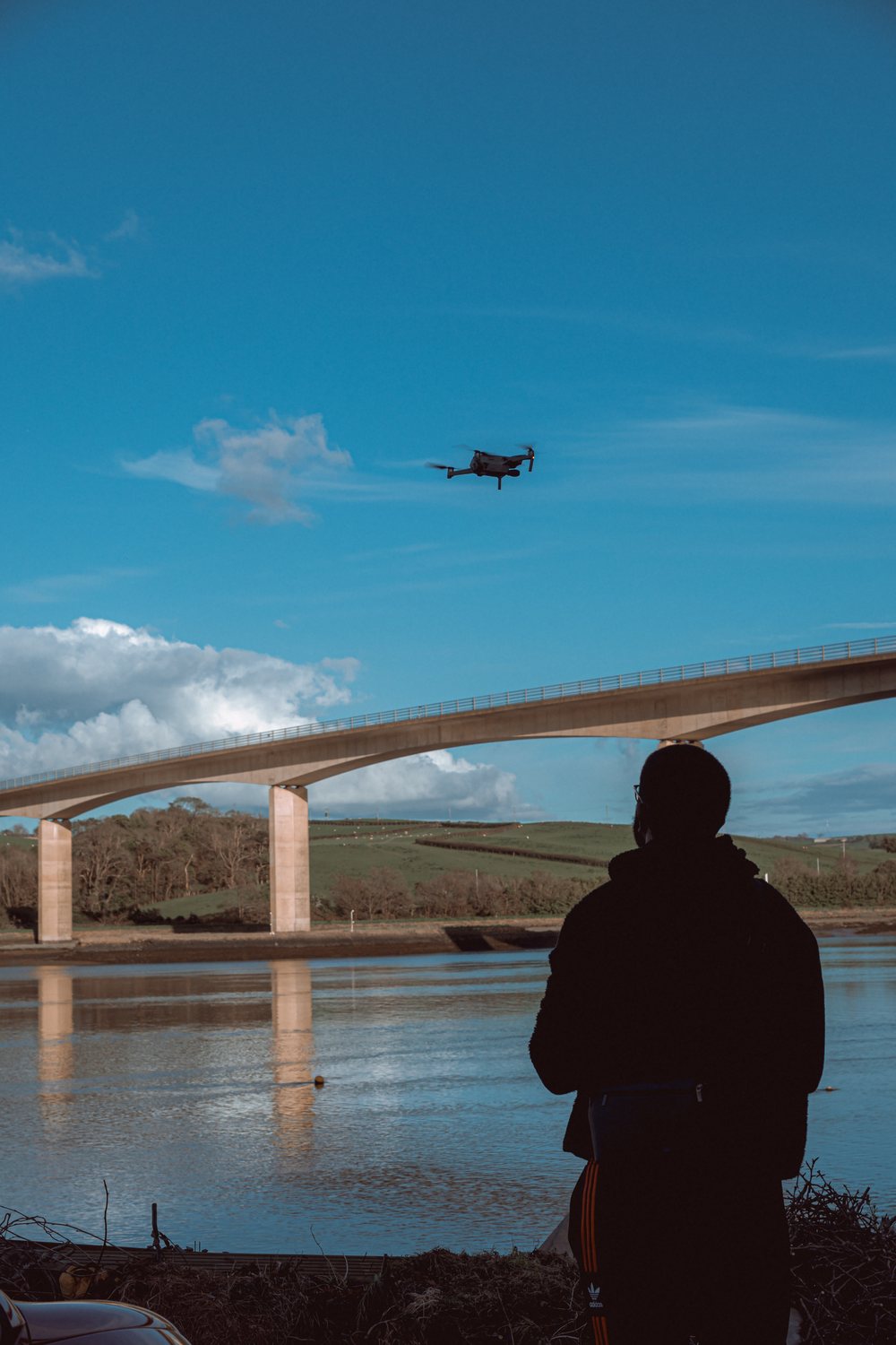 Collin flying a drone on location